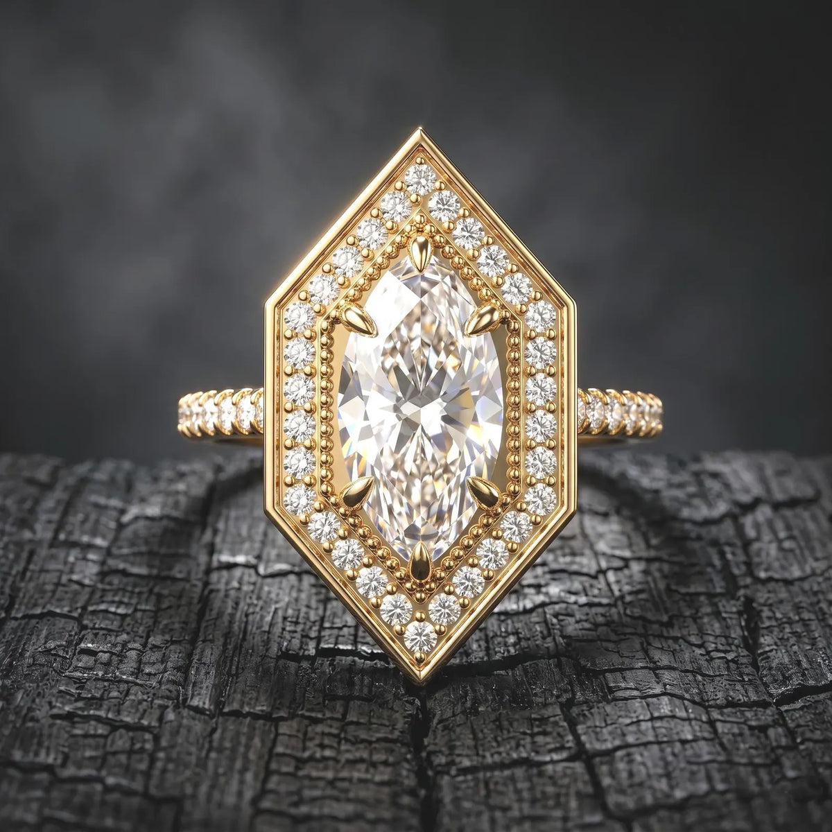High-resolution close-up view of 2 Carat Marquise Cut Lab Grown Diamond with 6-prong geometric pave halo setting