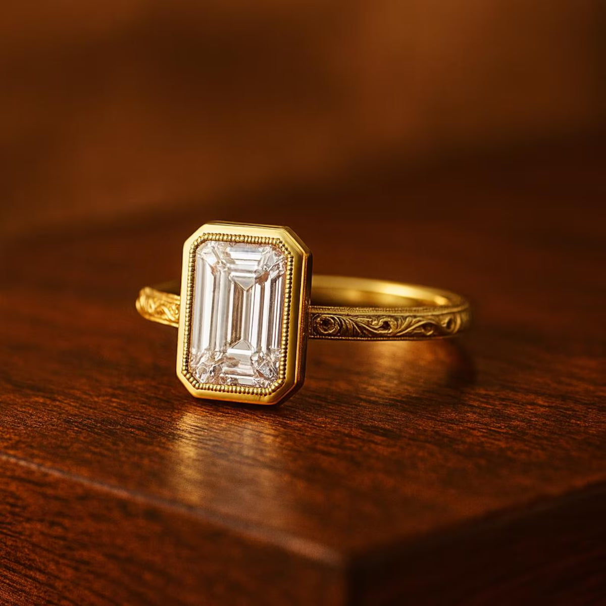 Front angled view of 3 Carat Emerald Cut Lab Grown Diamond Bezel Ring with hand-engraved scrollwork in yellow gold