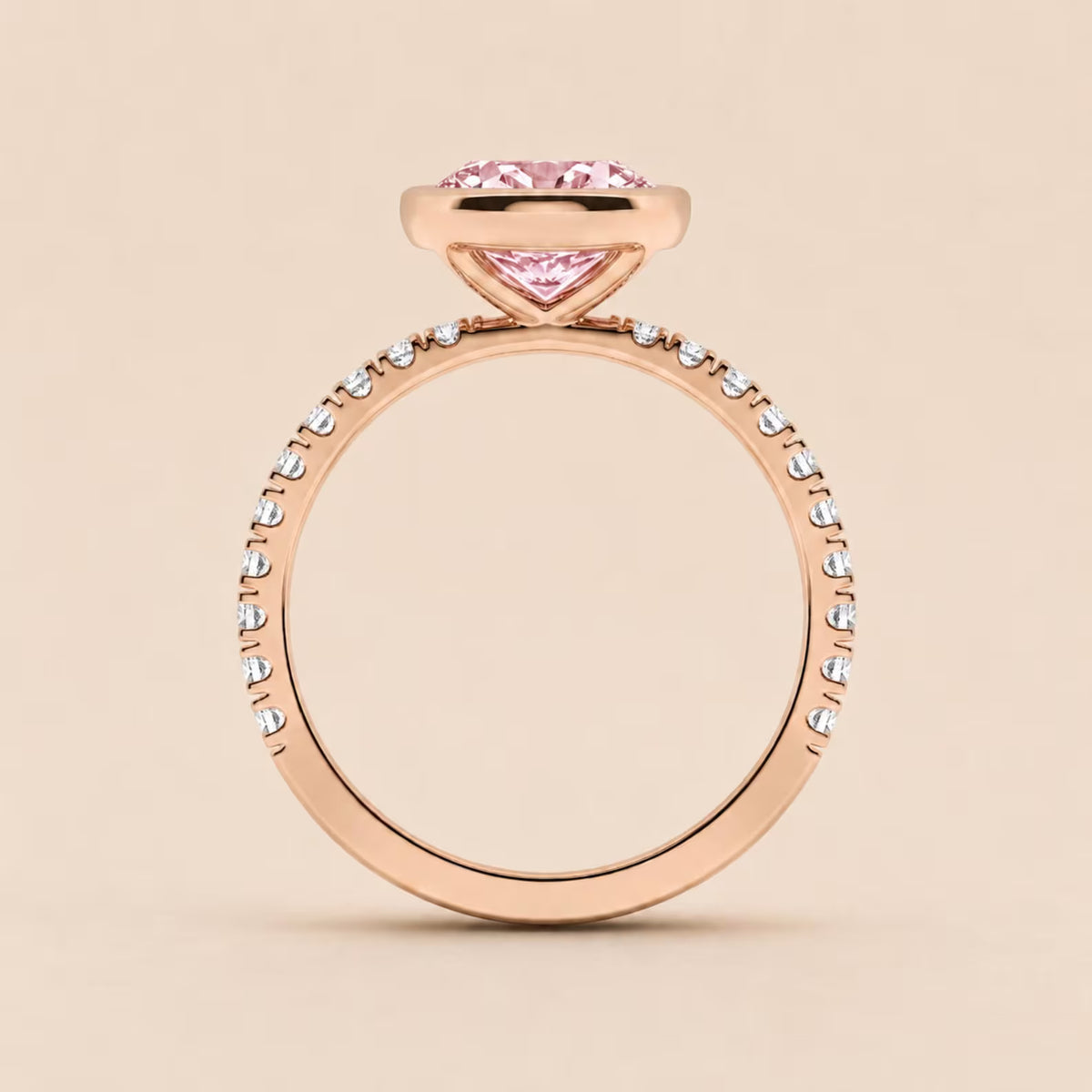 Side profile view of 2 Carat Pink Oval Cut Lab Diamond Ring showing rose gold setting and micro-pave shank