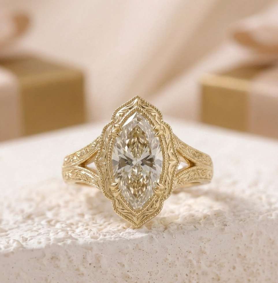 Filigree Antique Style 4 CT Marquise Lab Diamond Engagement Ring