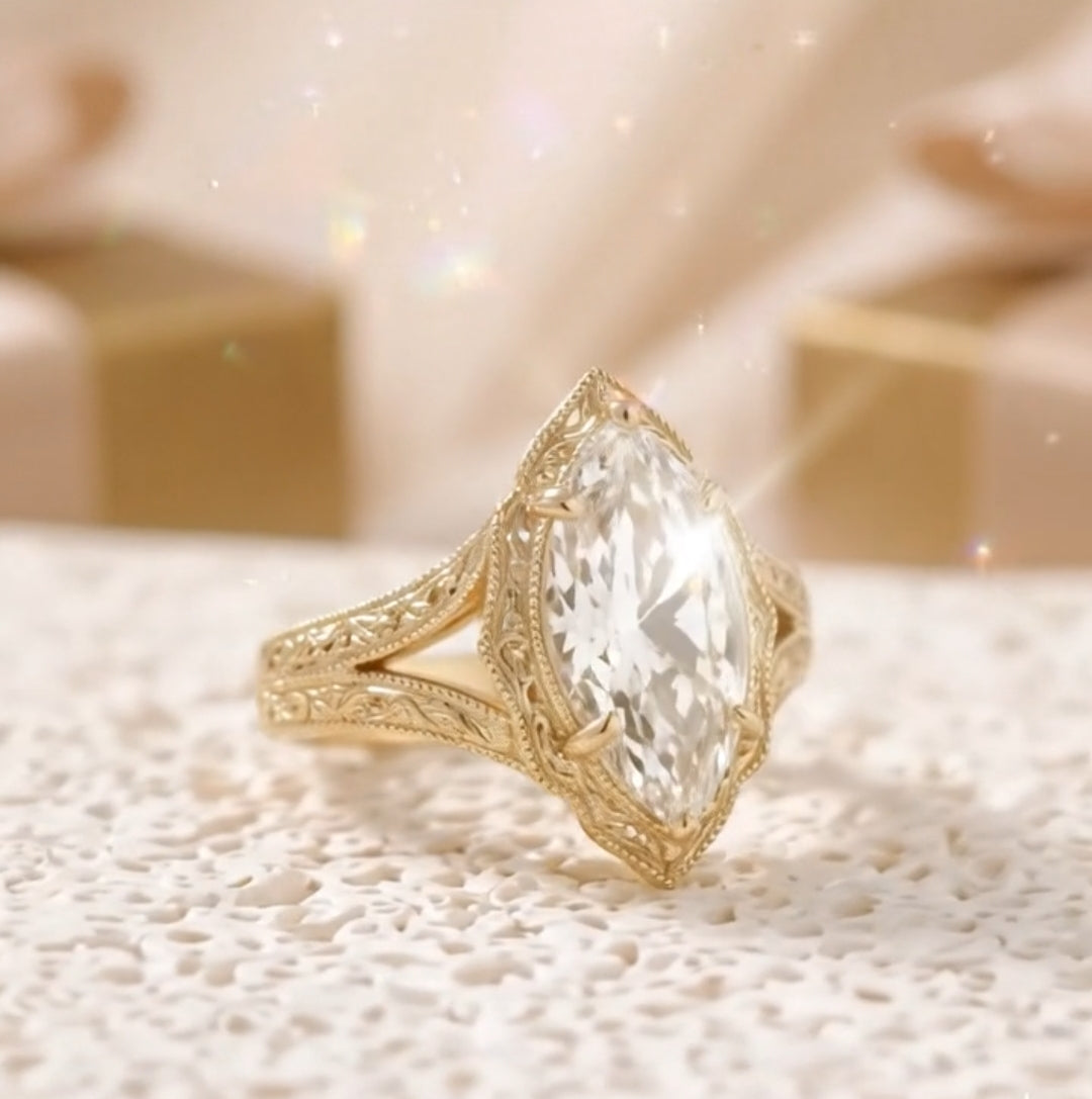 Filigree Antique Style 4 CT Marquise Lab Diamond Engagement Ring