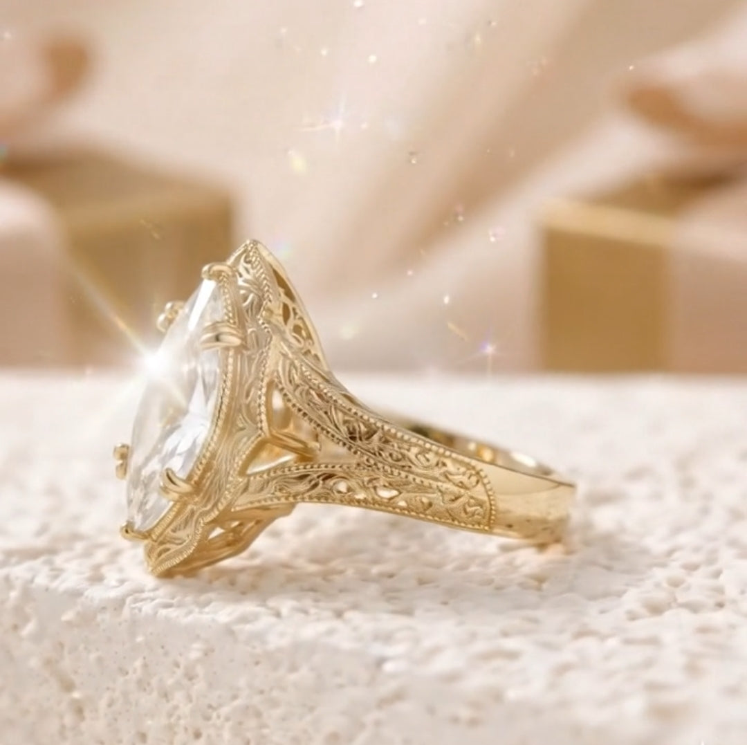 Filigree Antique Style 4 CT Marquise Lab Diamond Engagement Ring