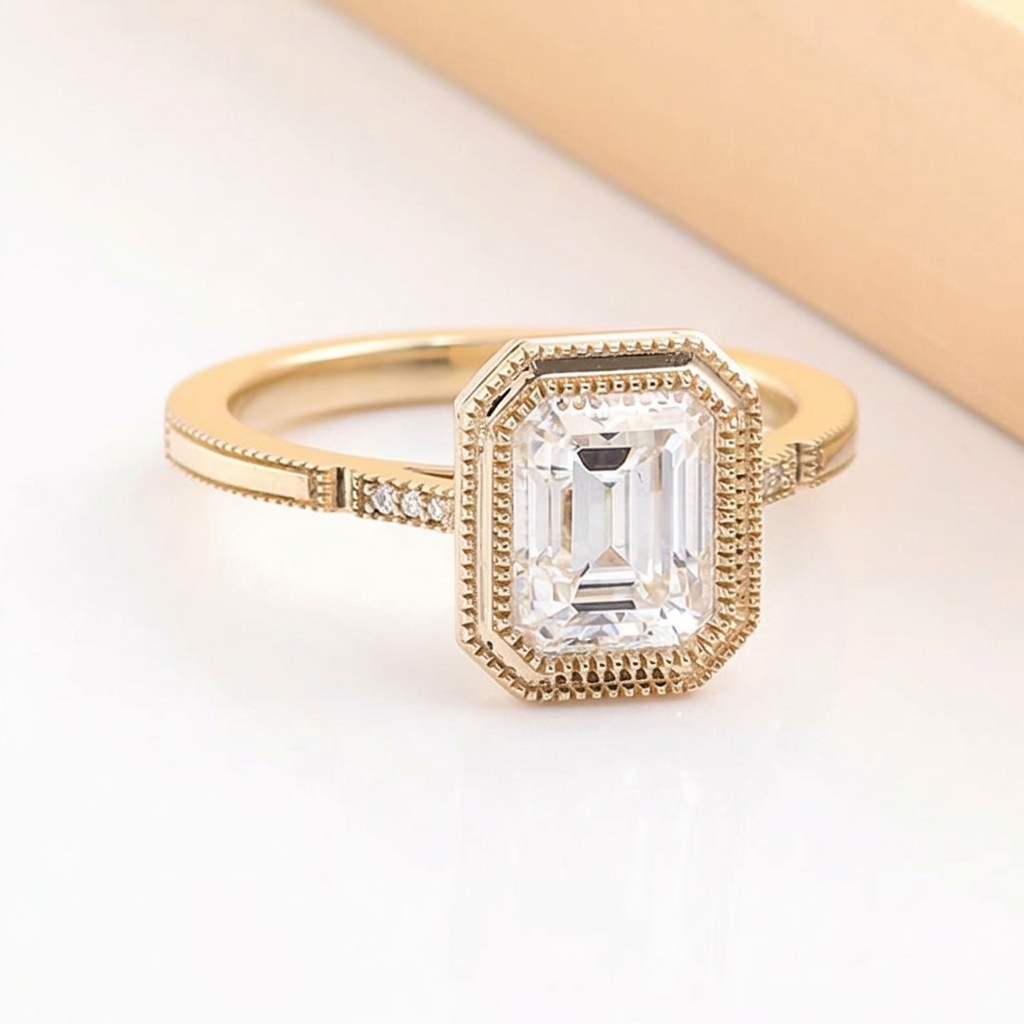 Angled top view of 3 Carat Emerald Cut Lab Grown Diamond Ring in yellow gold with vintage milgrain bezel frame