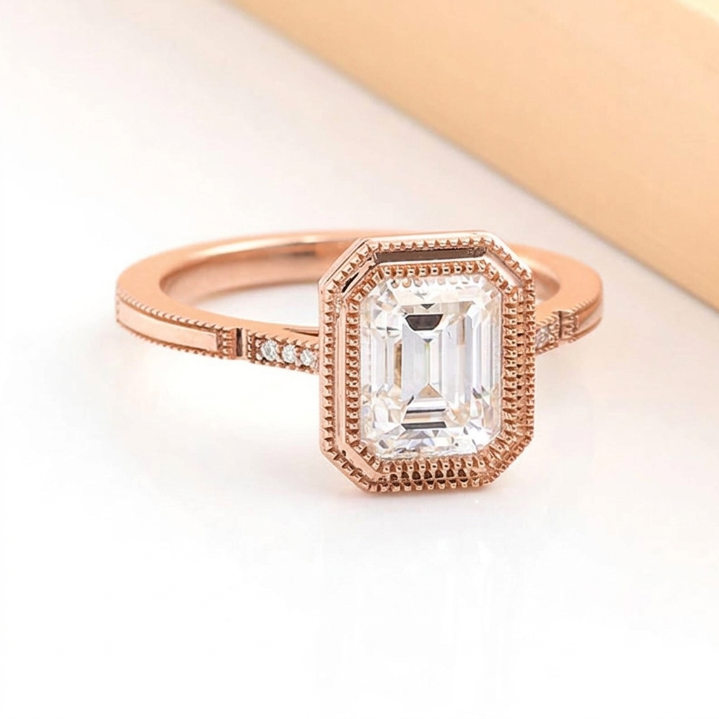 Angled view of 3 Carat Emerald Cut Lab Diamond Ring in rose gold showing milgrain bezel setting and diamond accent band