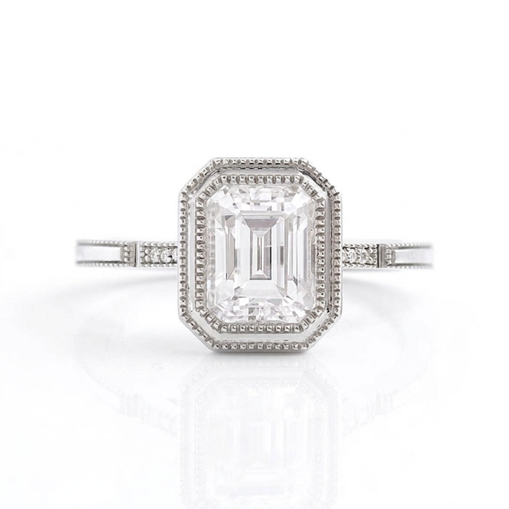 Direct top-down view of 3 Carat Emerald Cut Lab Grown Diamond Ring in platinum or white gold setting