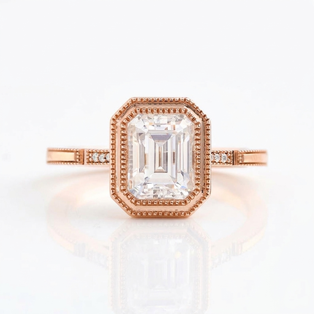 Direct top-down view of 3 Carat Emerald Cut Lab Diamond Engagement Ring in rose gold