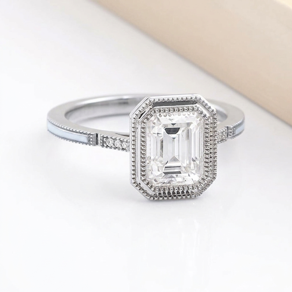 Angled perspective view of 3 Carat Emerald Cut Lab Grown Diamond Ring in white gold featuring milgrain detailing