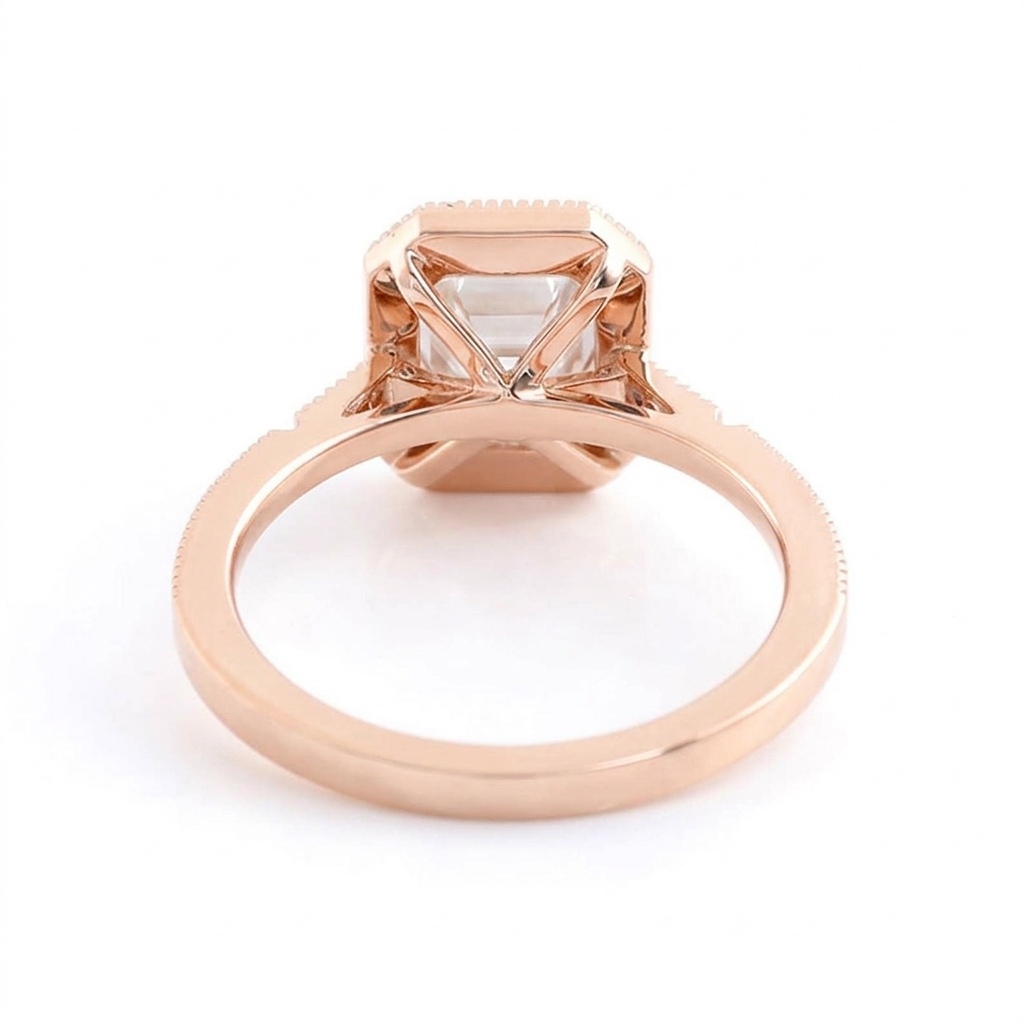 Underside openwork setting detail of 3 Carat Emerald Cut Lab Diamond Ring in rose gold