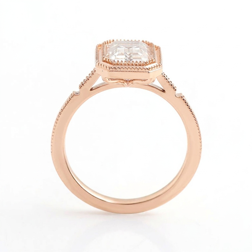 Side profile view of 3 Carat Emerald Cut Lab Diamond Ring in rose gold showing milgrain band trim and bezel height