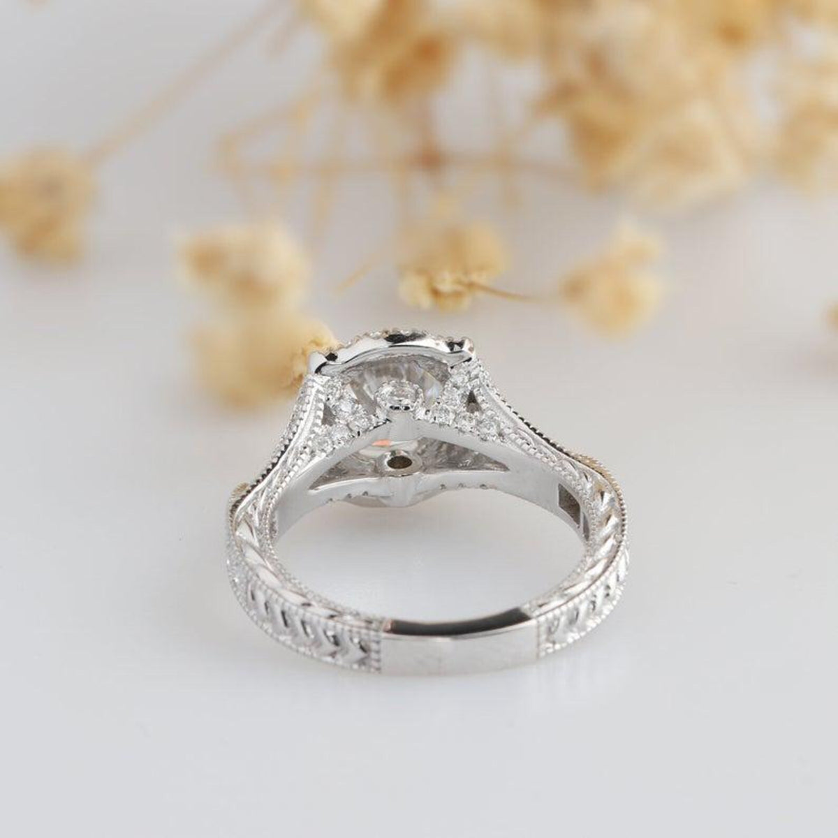 Intricate gallery and under-bridge detail of 3 Carat Round Cut Lab Grown Diamond vintage engagement ring