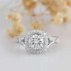 Top-down view of 3 Carat Round Cut Lab Grown Diamond surrounded by a diamond halo setting