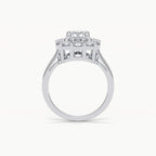 Front side view displaying the architectural elevated gallery setting and cathedral support of the 3ct lab diamond halo ring.