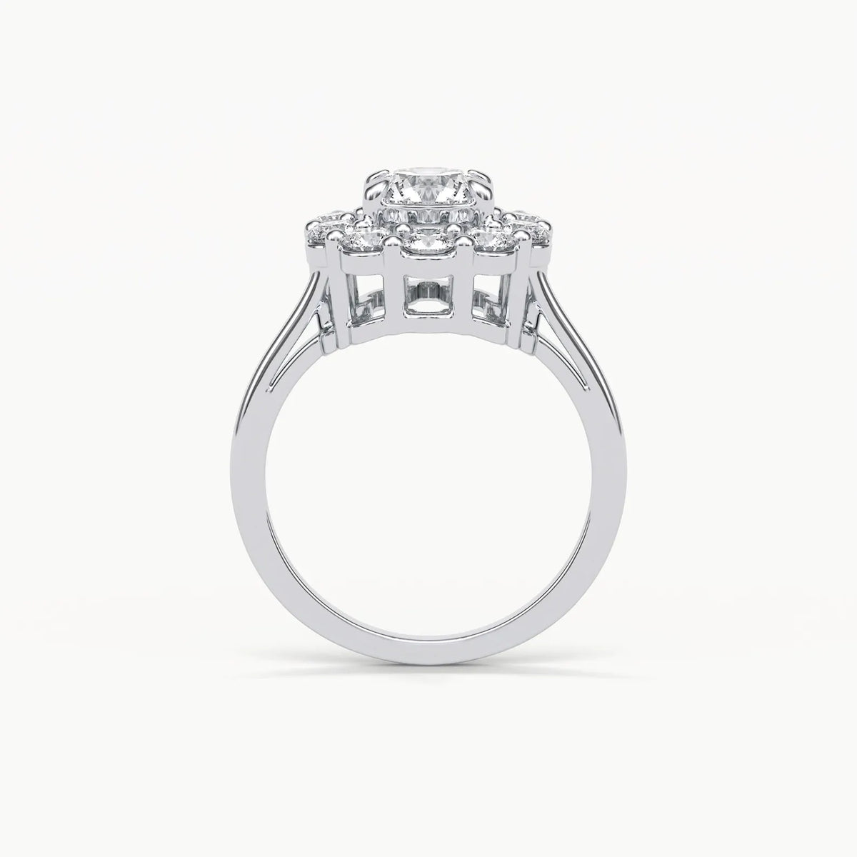 Front side view displaying the architectural elevated gallery setting and cathedral support of the 3ct lab diamond halo ring.
