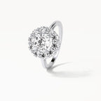 Angled perspective shot showing the sparkle and fire of the 3 carat round lab diamond blooming halo ring.