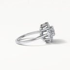 Low angle perspective detailing the intricate multi-tier prong setting and open gallery design of the lab diamond ring.