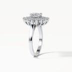 Three-quarter side angle showing the elevated double halo setting and smooth white gold band of a 3ct lab diamond ring.