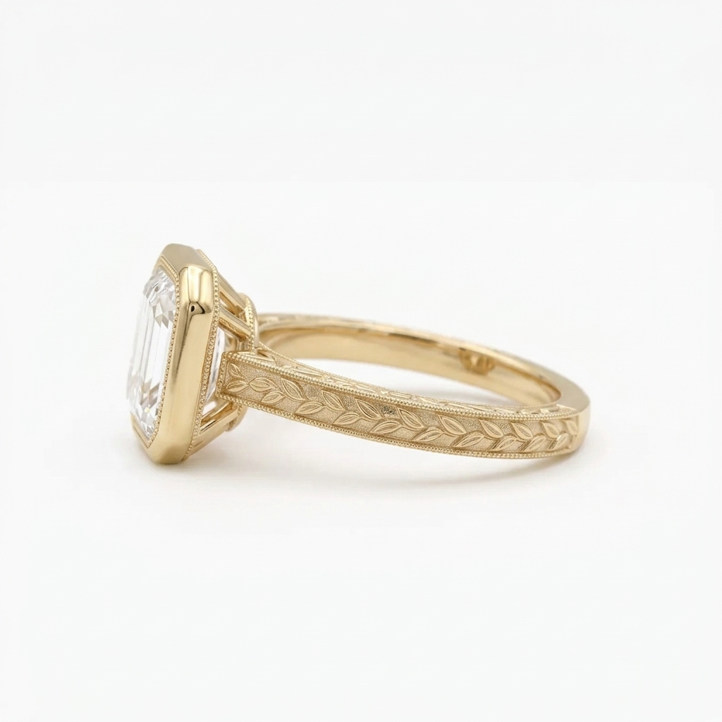 Side view of a 3 carat Asscher cut lab grown diamond engagement ring in yellow gold featuring an engraved leaf pattern band and bezel frame.