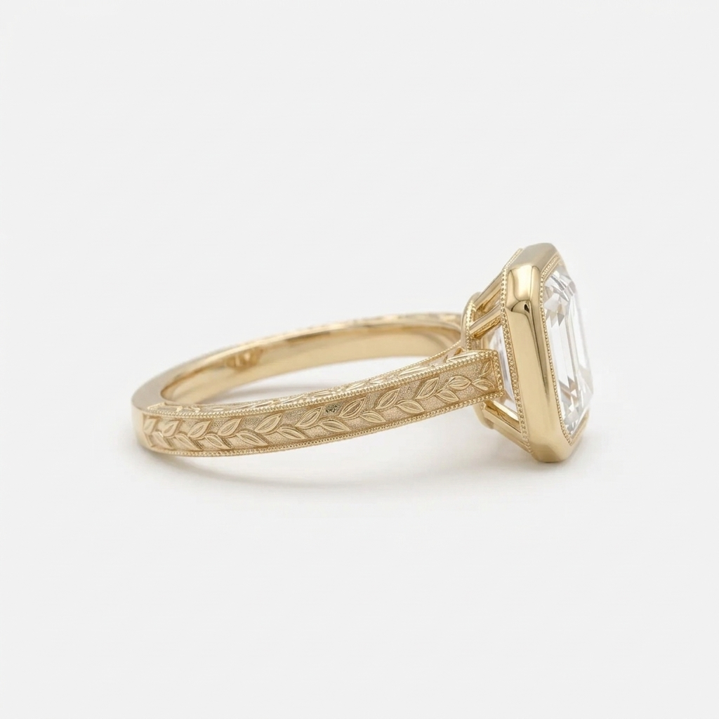 Profile perspective of a yellow gold vintage engagement ring with a 3 CT Asscher cut lab diamond and detailed leaf hand-engraving on the shank.