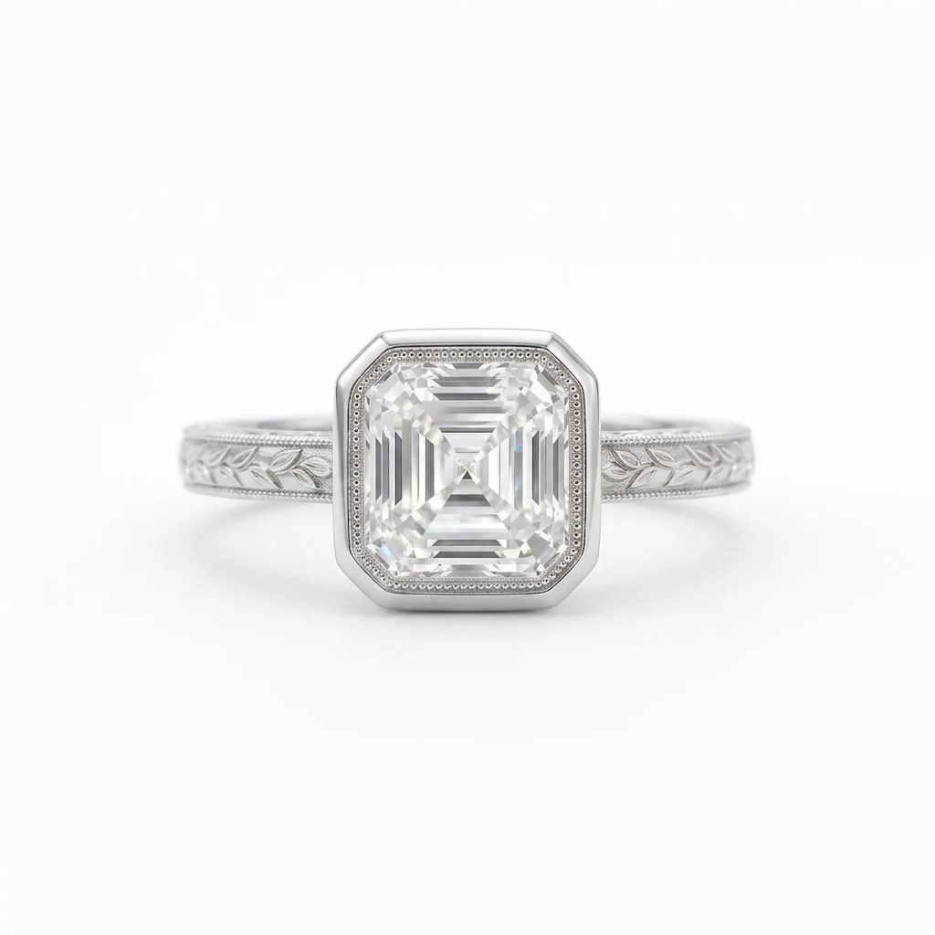 Top-down view of a 3 CT Asscher cut lab diamond set in a white gold bezel ring with milgrain edging and engraved leaf band.