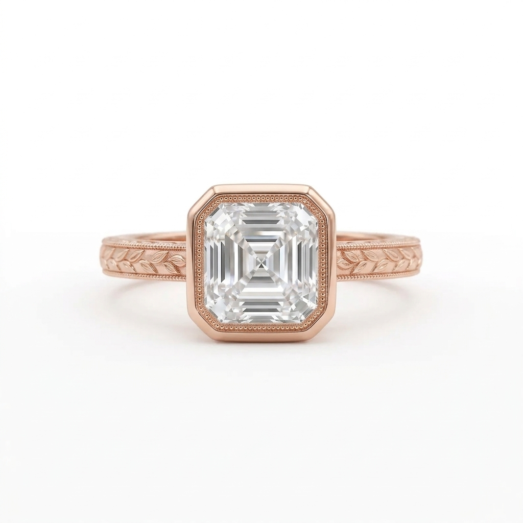 Direct top view of a 3 carat Asscher cut lab grown diamond set in a rose gold bezel frame with vintage leaf engraved band.