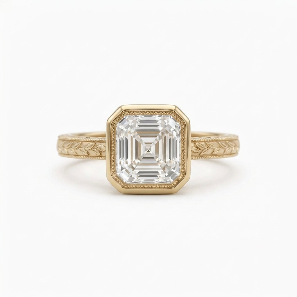 Front top-down view of a 3 CT Asscher cut lab diamond engagement ring in yellow gold with milgrain bezel and botanical engraved band.