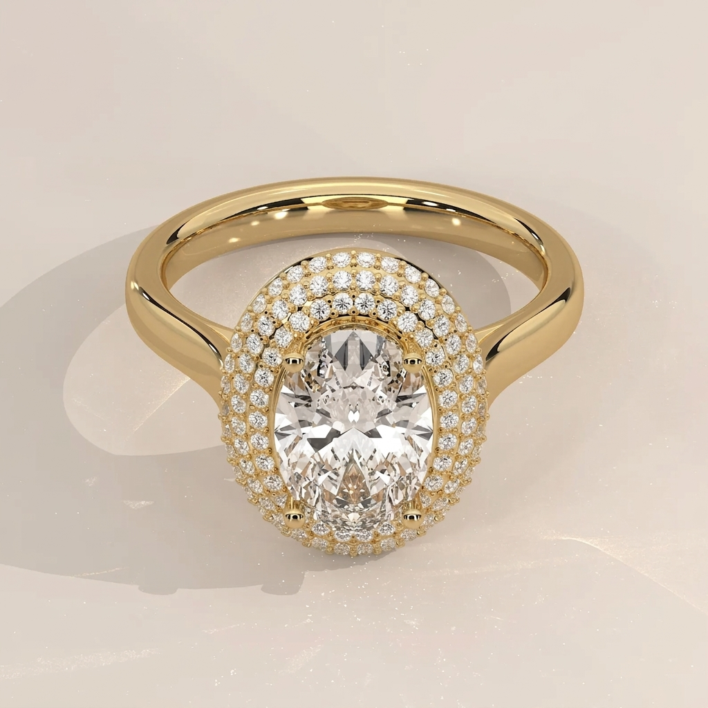High angle view of a 3 CT oval lab grown diamond engagement ring with a dramatic triple micro-pave halo set in polished 14K yellow gold.