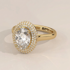 Bottom profile view showing the pave-set structural gallery bridge struts beneath a 3 carat oval lab grown diamond halo ring.