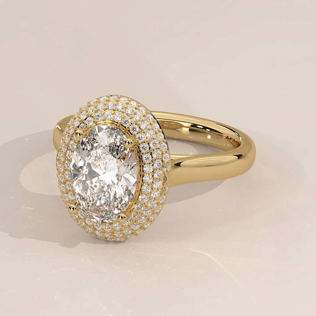 Bottom profile view showing the pave-set structural gallery bridge struts beneath a 3 carat oval lab grown diamond halo ring.