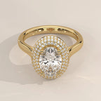 Detailed close up view of a 3 CT oval cut lab grown diamond held by four prongs and surrounded by three rows of pave accent diamonds.