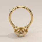 Top angle view of a 3 carat oval lab grown diamond ring showcasing the high-shine yellow gold band and multi-tier pave setting.