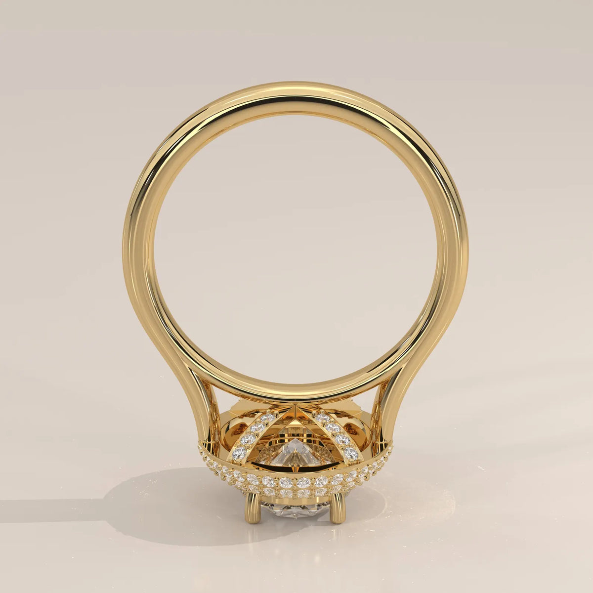Top angle view of a 3 carat oval lab grown diamond ring showcasing the high-shine yellow gold band and multi-tier pave setting.