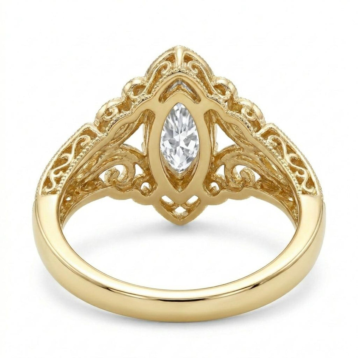 Bottom undergallery view showcasing openwork filigree scroll detailing beneath a 3 carat marquise lab diamond setting.