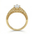 Side profile angle of a 3 CT marquise lab grown diamond ring displaying cathedral height and textured milgrain shoulders in yellow gold.