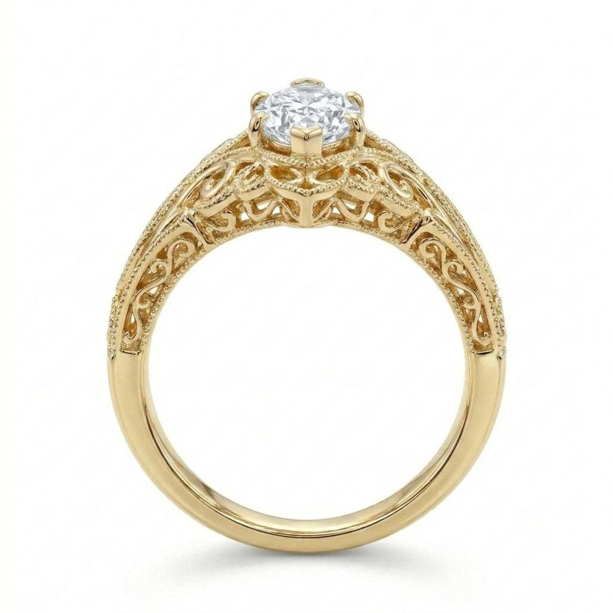Side profile angle of a 3 CT marquise lab grown diamond ring displaying cathedral height and textured milgrain shoulders in yellow gold.
