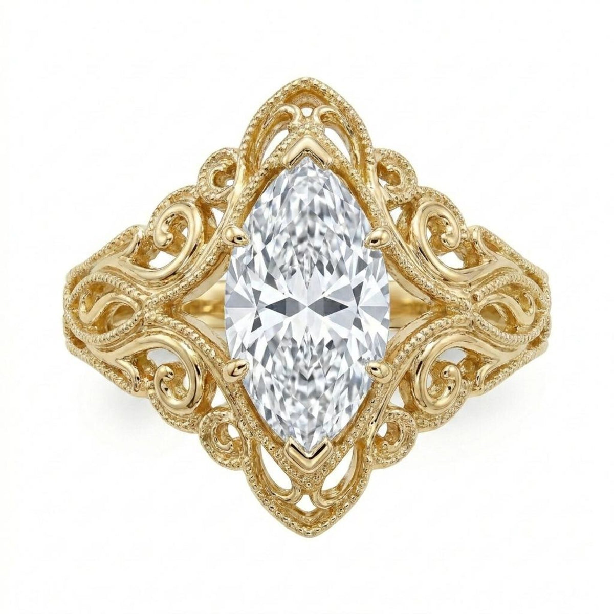 Direct overhead view of a 3 carat marquise cut lab grown diamond in a wide vintage scrollwork filigree frame.