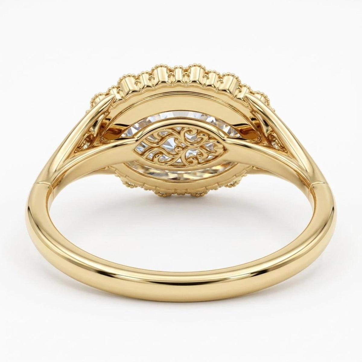 Bottom view of a 3 CT East-West marquise lab grown diamond ring showing the intricate filigree lattice undergallery in 14K yellow gold.