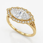 Perspective view of a 3 carat horizontal East-West marquise lab grown diamond ring with a scalloped milgrain halo and filigree shoulders.
