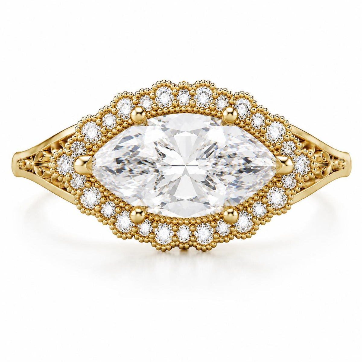 Direct overhead view of a 3 CT East-West marquise cut lab grown diamond set horizontally in a scalloped beaded pave diamond halo.