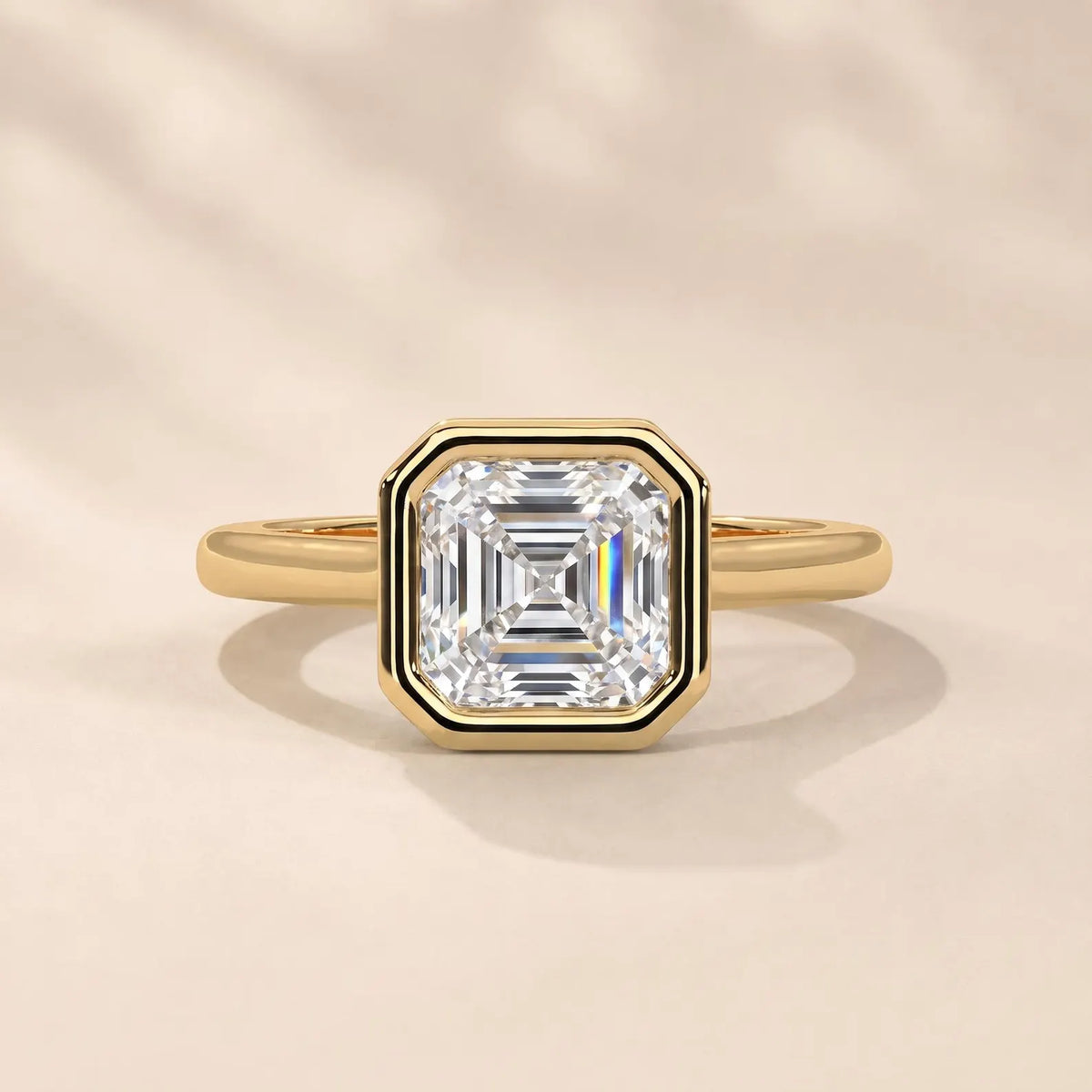 Close-up top view of 2 CT Asscher cut lab grown diamond solitaire ring