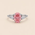 Close-up top view of 3 CT oval pink lab grown diamond ring