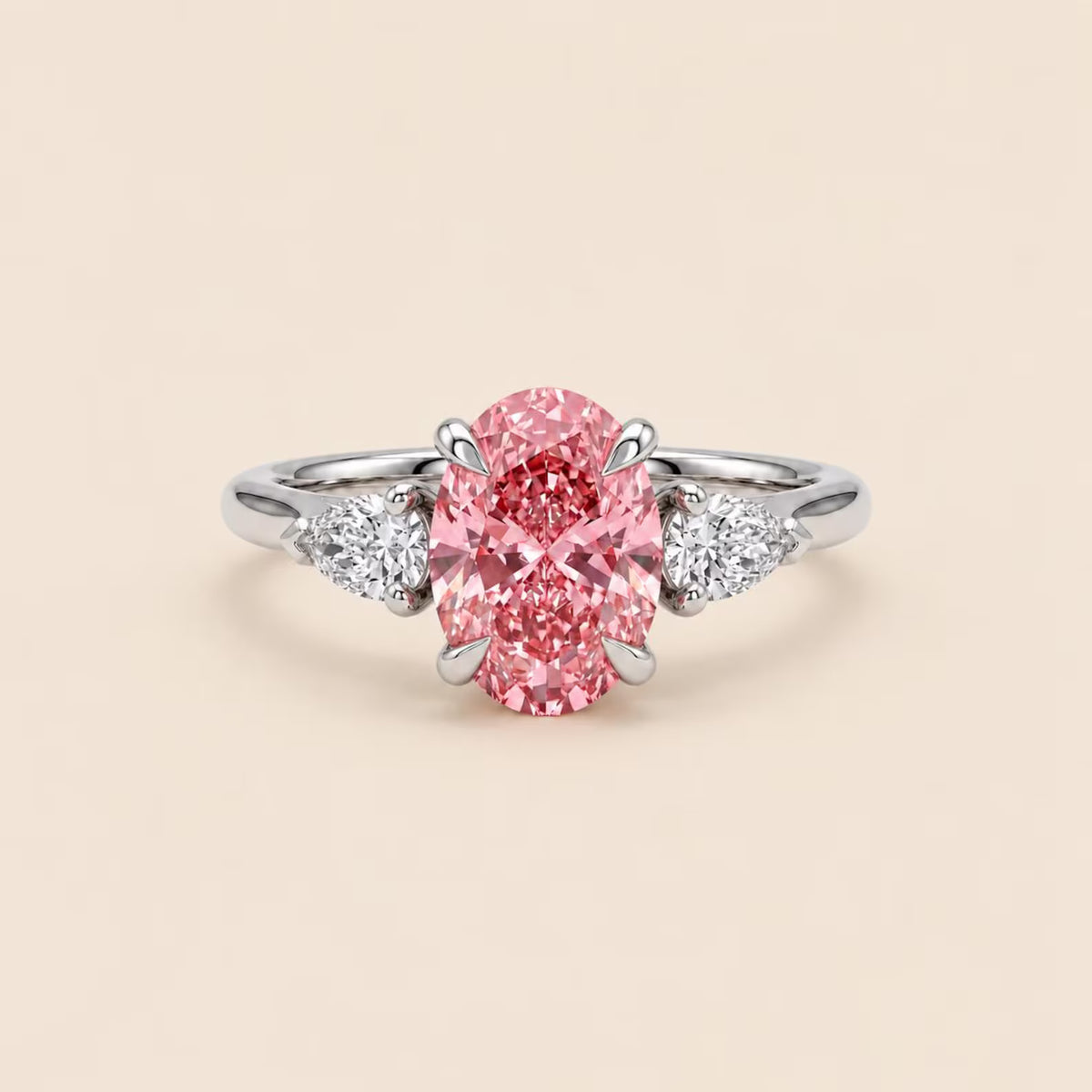 Close-up top view of 3 CT oval pink lab grown diamond ring