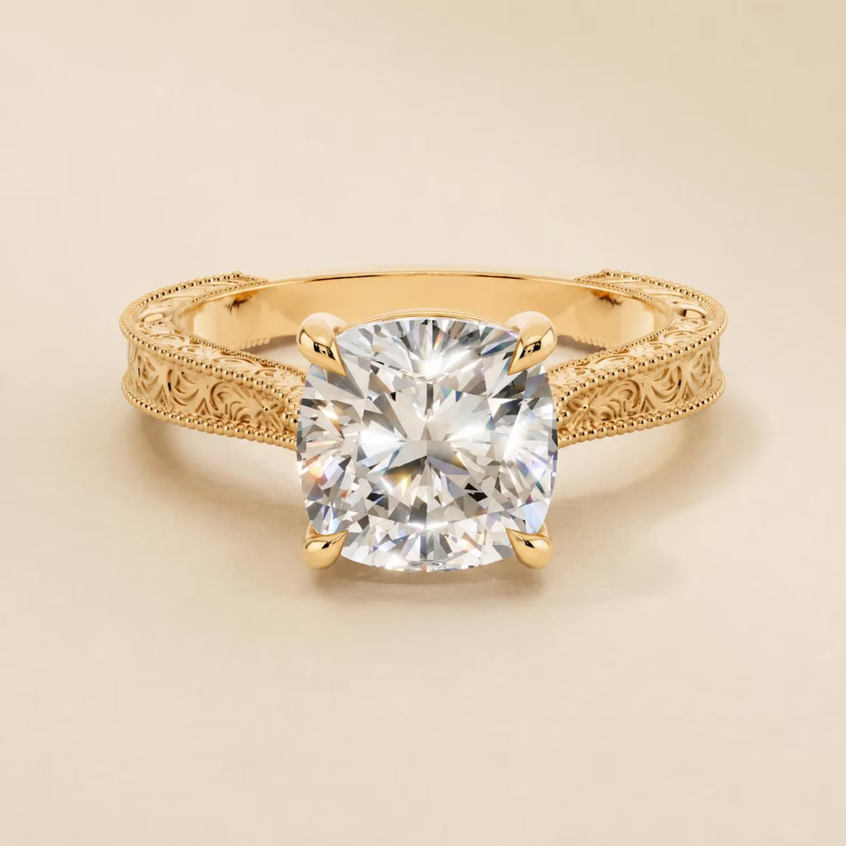 3 CT Cushion Cut Lab Grown Diamond Ring Front View on Neutral Background