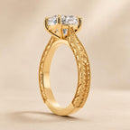 Side Profile View of 3 CT Cushion Cut Lab Grown Diamond Ring Showing Filigree Band Details