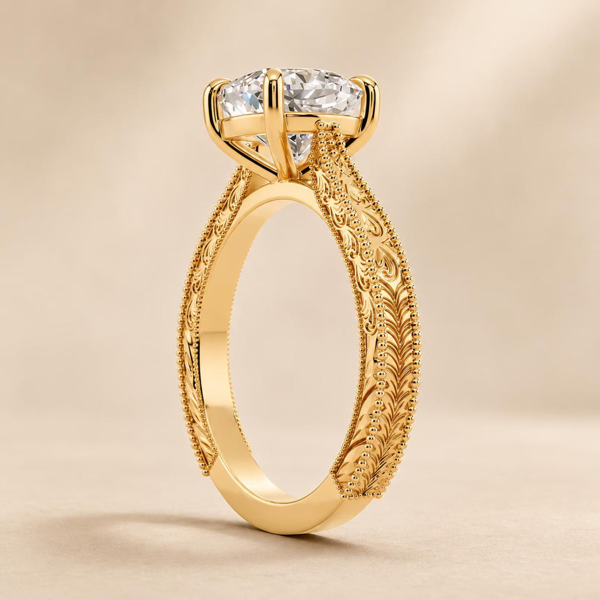 Side Profile View of 3 CT Cushion Cut Lab Grown Diamond Ring Showing Filigree Band Details