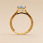 Side Profile View of 3 CT Cushion Cut Lab Grown Diamond Ring Showing Filigree Band Details in yellow gold