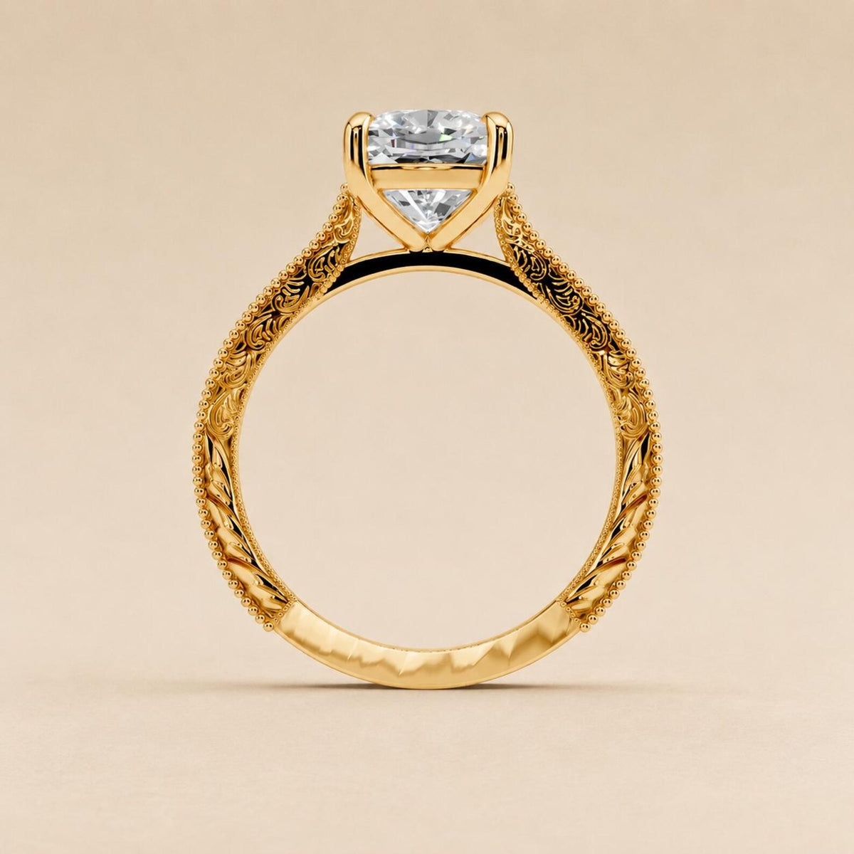 Side Profile View of 3 CT Cushion Cut Lab Grown Diamond Ring Showing Filigree Band Details in yellow gold