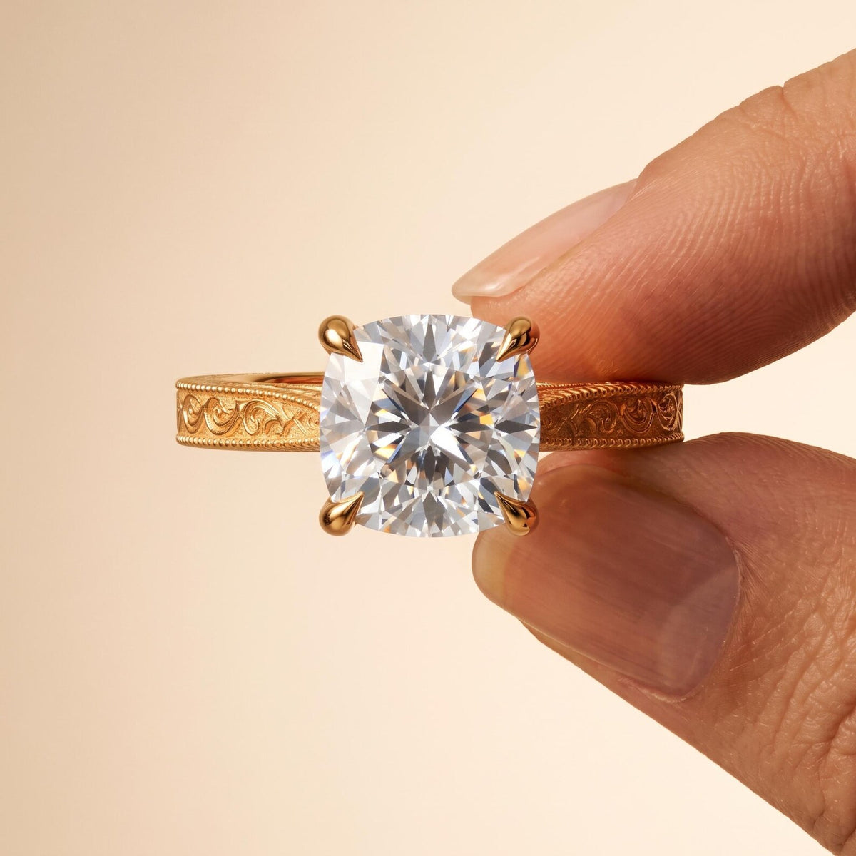 Close-Up Macro Shot of 3 Carat Cushion Cut Lab Grown Diamond in Yellow Gold Setting