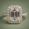 3 CT Emerald Cut Lab Grown Diamond Halo Ring Front View on Green Background