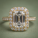 3 CT Emerald Cut Lab Grown Diamond Halo Ring Front View on Green Background