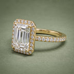 3 CT Emerald Cut Lab Grown Diamond Halo Ring side View on Green Background